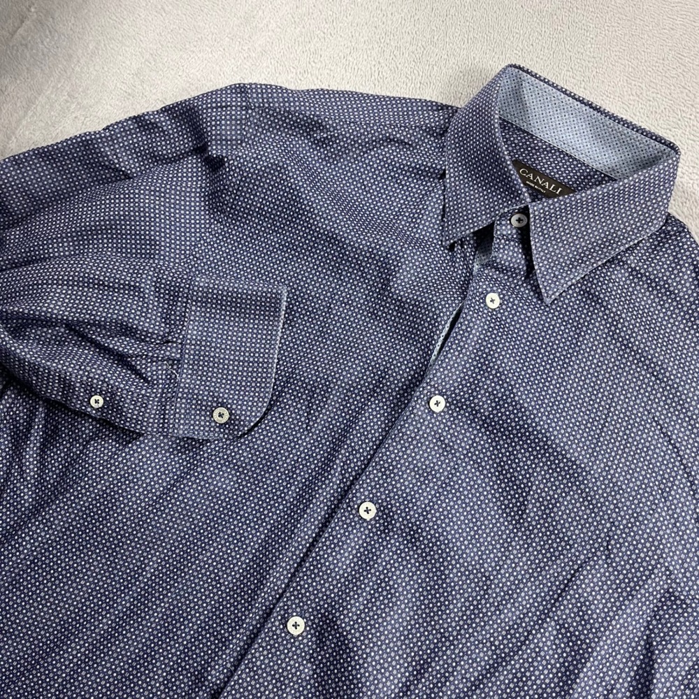 Canali Made in Italy Mens Blue Geometric Micro Pattern Button Down Shirt Large
